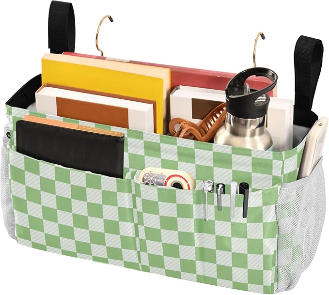 Bedside Caddy Hanging Bunk Bed Caddy Bed Organizer Hanging Pocket with 2 Hooks Bedside Storage Organizer Pocket Bag Holder Checkered Light Green