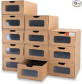 Shoe Boxes Cardboard, 12 Pack, Big Size, Waterproof, Heavy Duty, Stackable Shoe Storage Boxes, with Marking Labels, Transparent Window, 13.8" L x 9.3" W x 5.3" H