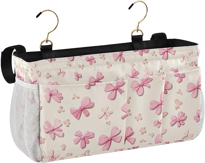 Bedside Caddy Hanging Bunk Bed Caddy Bed Organizer Hanging Pocket with 2 Hooks Bedside Storage Organizer Pocket Bag Holder Pink Cute Bow