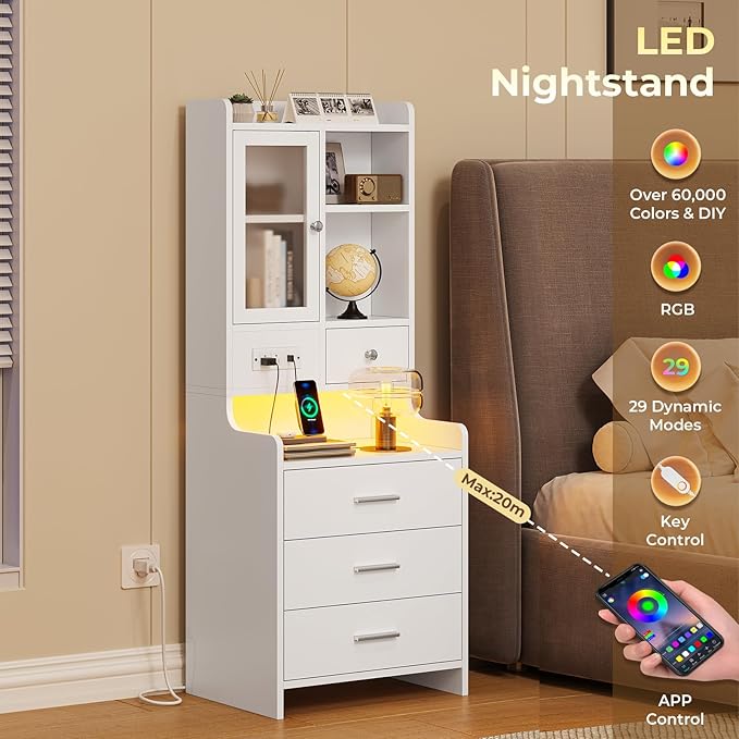 ADORNEVE Tall Night Stand with Charging Station and LED Lights,49.2" Nightstand with Bookshelf, White Bedside Table with Drawers,End Side Table for Bedrooms