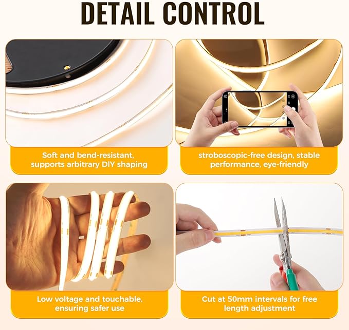 40Ft COB LED Strip Lights, Warm White 3000K Dimmable LED Light Strip with Remote, Seamless & No Strobe, Flexible & Cuttable, Complete Kit for Kitchen, Bedroom, Cabinet Lighting