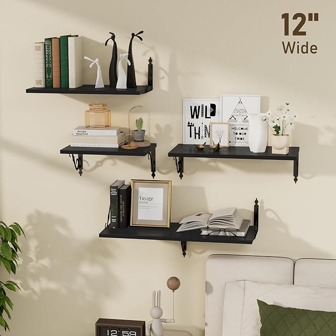 Dreamland Deep Floating Shelves, 48" W x 12" D Wall Shelves Set of 2, Wide Display Shelf Wall Mounted with Brackets, Bookshelf for Living Room, Bathroom, Bedroom, Black