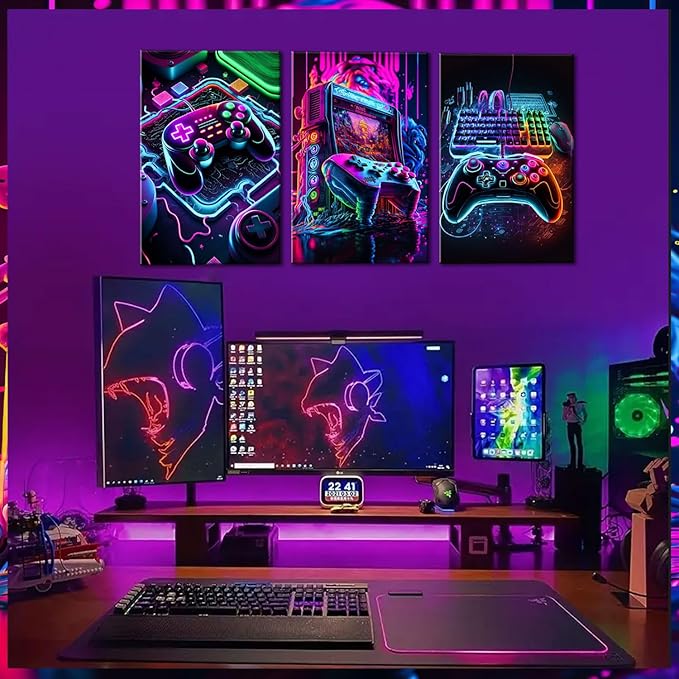 BGFCE Game Room Decor Set of 3 - Neon Gaming Accessories Theme Canvas Wall Art, Gamer Console Paintings Posters Picture Wall Decor for Children Youth Boys Bedroom 16x24in Framed