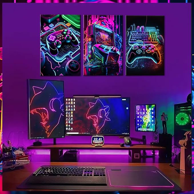 Game Room Decor Posters Set of 3 - Neon Gaming Accessories Theme Canvas Wall Art, Gamer Console Paintings Picture Wall Decor for Children Youth Boys Bedroom 12x16 inch Framed