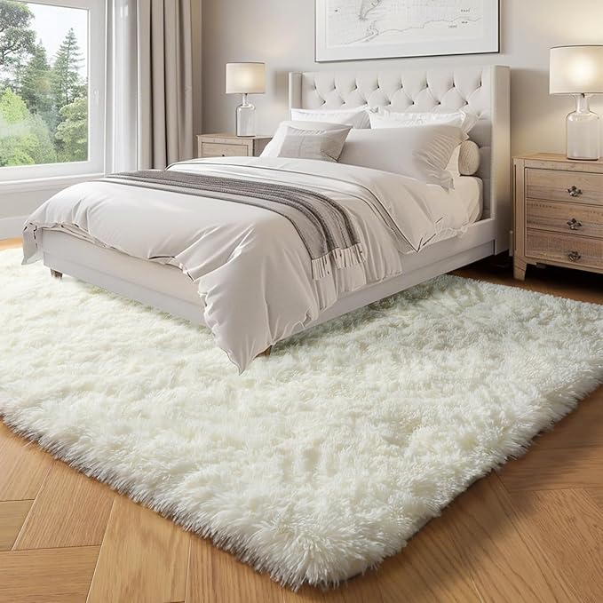 PAGISOFE Fluffy Shag Area Rugs for Bedroom Living Room, Cream White Super Soft Fuzzy Shaggy Carpets for Girls Boys Bedroom,Indoor 4x6 Bedside Rug Kids
