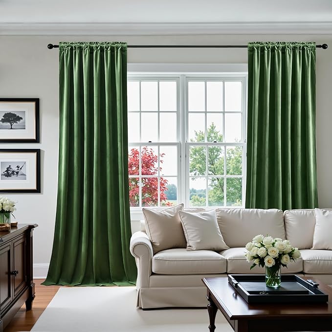Olive Green Velvet Curtains 102 Inches Long for Bedroom, Super Soft Room Darkening Thermal Insulated Curtains Luxury Window Drapes for Living Room Nursery, Back Tab Rod Pocket, W52 x L102, 2 Panels