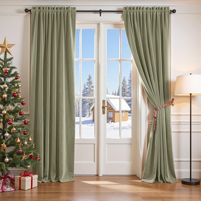 Lazzzy Velvet Blackout Curtains Thermal Insulated Room Window Drapes Super Soft Luxury Curtains for Living Room Bedroom Rod Pocket 2 Panels, Olive Sage, 42" W x 108" L