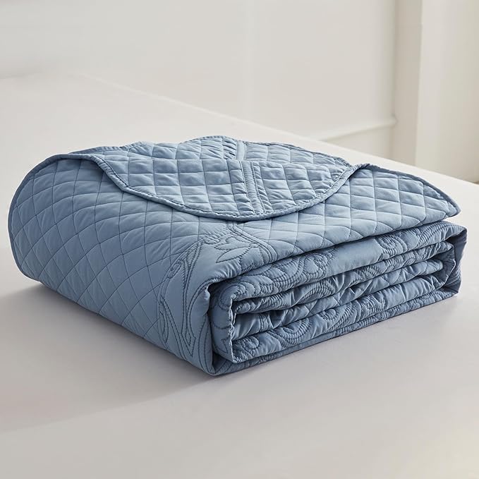 CHIXIN Oversized King Bedspread 128x120 Extra Wide - Lightweight Bedding Cover - Beautiful Stitching - 5 Piece Reversible Bedspread - Luxury Damask Paisley Pattern (King/Cal King, Ashley Blue)