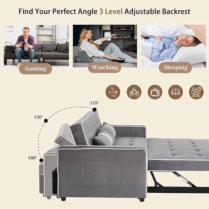 Convertible Sofa Bed, 3-in-1 Loveseat Futon Sofa Bed with 3-Position Adjustable Backrest & Side Pocket, Modern Velvet Fabric Pull Out Couch for Living Room, Small Spaces (Grey)