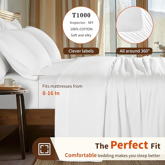 LBRO2M 1000 Thread Count 100% Egyptian Cotton Sheets Set 6 Piece Sets King Bed Sheet Deep Pocket Sheet Set 16" Soft Comfortable All Season (King, White)