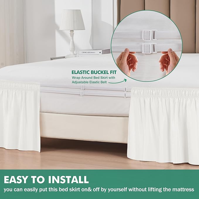 Biscaynebay Wrap Around Bed Skirts with Split Corners for Full Beds 14" Drop, Ivory Elastic Dust Ruffles Adjustable Easy Fit Wrinkle & Fade Resistant Silky Luxurious Fabric Machine Washable