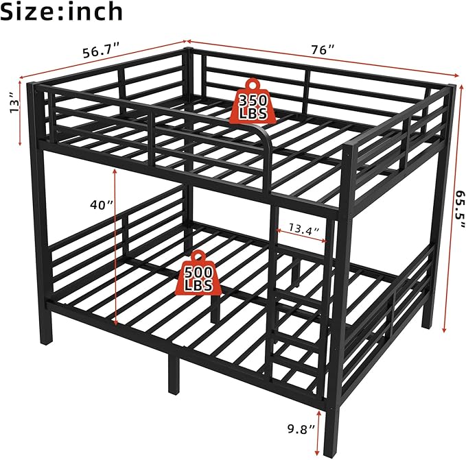Full Over Full Bunk Bed Frame, Heavy Duty Metal Loft Bed for Adults/Teens, 350/500LB Capacity w/Ladder & Guardrail, Noise-Free Steel Slats, No Box Spring Required, Black