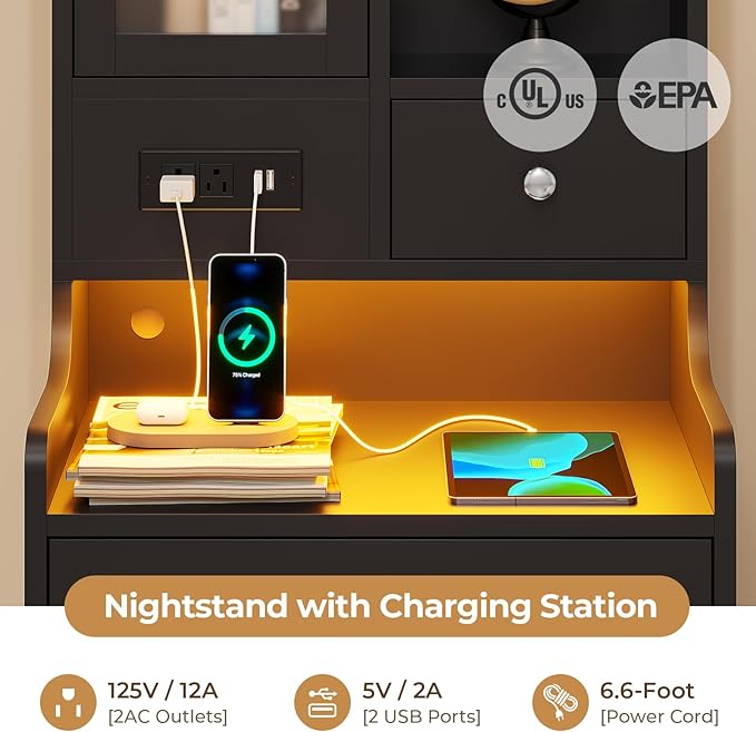 ADORNEVE Black Night Stand Set of 2 with Charging Station,49.2" LED Nightstand for Bedroom,Tall Bedside Table with Bookshelf and Drawers,Side Tables Bedroom,13.8" D x 17.7" W x 49.2" H