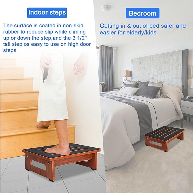 One Step Stool for Adults Seniors with Non-Slip Rubber Stepping Feet, Heavy Duty Wooden Step Stools for Bathroom, Bedroom, Kitchen & Bedside Support (Rustic Brown, 5.5 Inch-Noctilucent)