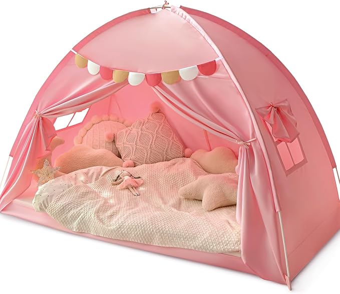 Razee Twin Bed Tent for Kids, Twin Size Bed Tents Indoor Toddler Canopy Privacy Playhouse on Bunk Sleep Inside Drafty Room for Girls, Pink, Kid House Toys for Girl Birthday Gift