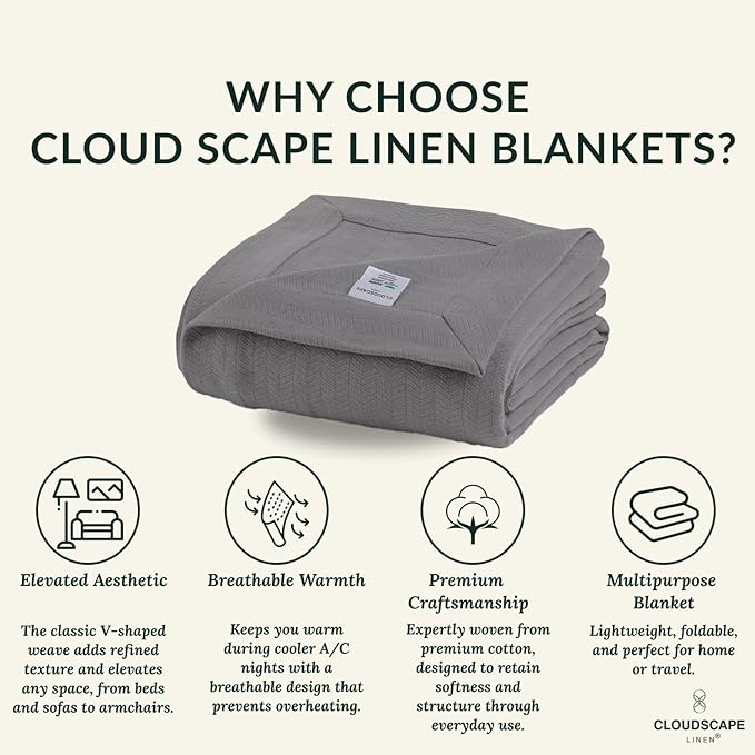Cloud Scape Linen 100% Cotton Throw Blanket 50x70 Sharkskin, Luxury All-Season Warmth, Ultra Soft, Oversized Herringbone Gauze Blanket for Winter, Bed, Couch & Sofa Decor, Best Gift Idea