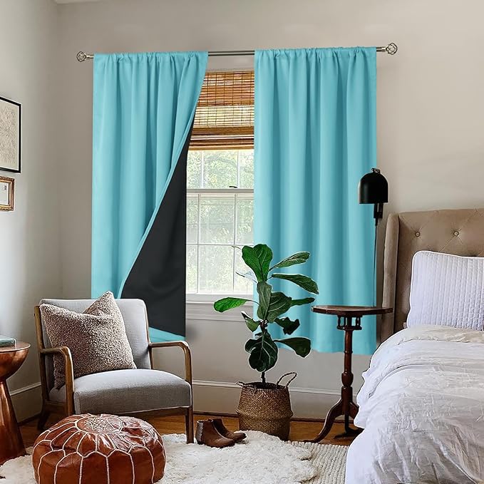 BGment 100% Blackout Curtains for Bedroom 63 Inch Length, Full Room Darkening Curtains for Living Room Rod Pocket with Thermal Insulated Liner, Each Window Curtains 2 Panels, 42 x 63 Inch, Aqua