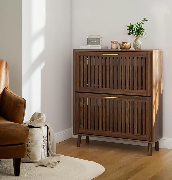 Shoe Storage Cabinet with 2 Flip Slatted Drawers, Narrow Wood Shoe Cabinet with Gold Handle, Hidden Entryway Shoe Organizer for Hallway, Foyer, Walnut