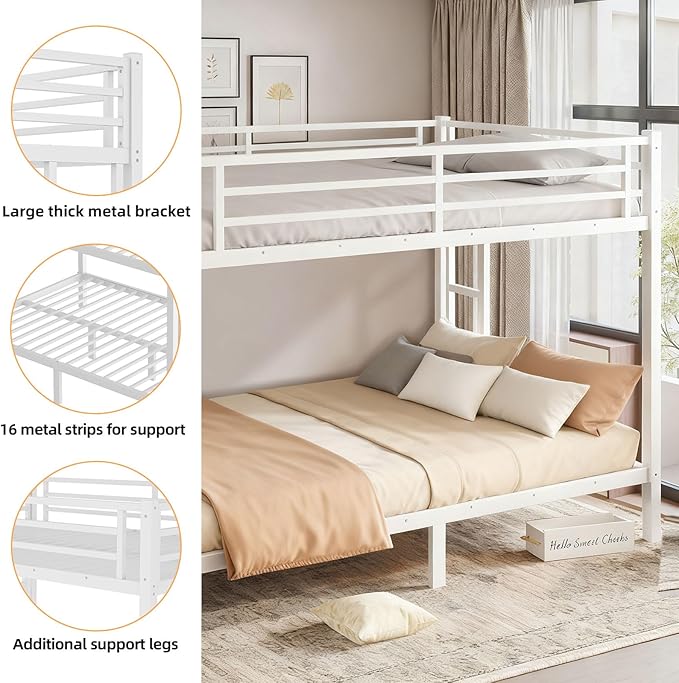 Queen Over Queen Bunk Bed Frame, Heavy Duty Metal Loft Bed for Adults/Teens, 400/600LB Capacity w/Ladder & Guardrail, Noise-Free Steel Slats, No Box Spring Required, White