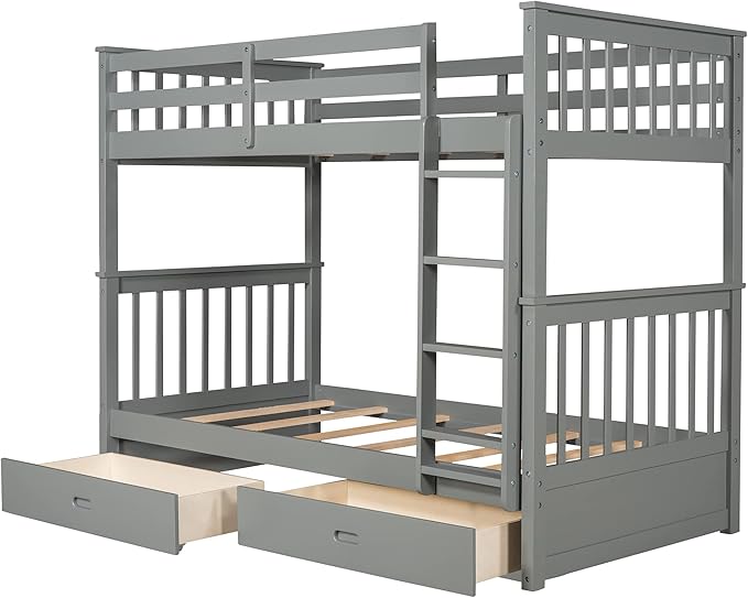 Merax Wood Bunk Bed with Drawers,Convertible Wood Bunk Bed with Ladders and Two Storage Drawers,Solid Wood Detachable Bunk Bed Frame with Ladders,Twin Over Twin Size,Grey