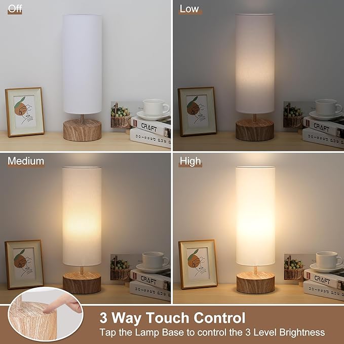 Touch Table Lamp with Metal Base Covered with Wood Grain, 3 Way Dimmable Bedside Nightstand Lamp with White Shade, Simple Night Light for Bedroom Living Room Home Office, LED Bulb Included