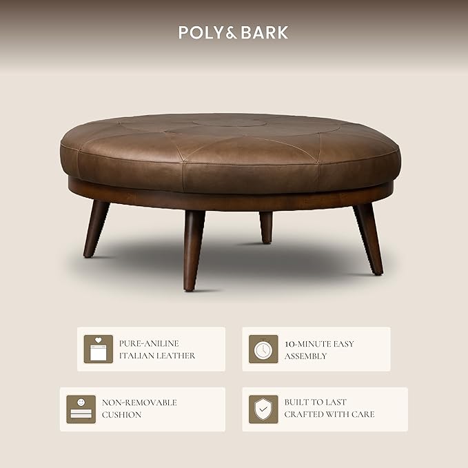 Poly & BARK Gio Ottoman – 30” Round with Feather-Down Topper – Full-Grain Leather Upholstery – Couch Ottoman for Living Room – Vintage Italian Leather in Cocoa Brown