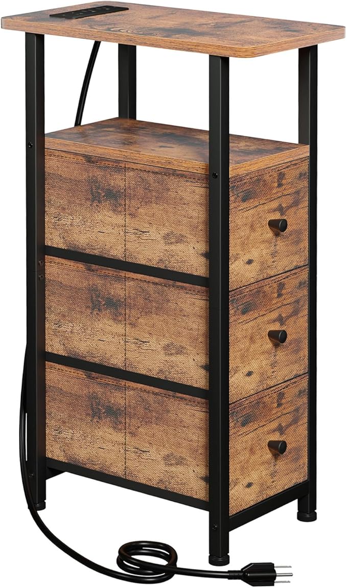 LOAKEKEL Narrow End Table Living Room with Charging Station, Skinny Side Table with Fabric Drawers, Slim Nightstand for Bedroom, Small Spaces, Couch, Rustic Brown, HETNDP03PBR-1
