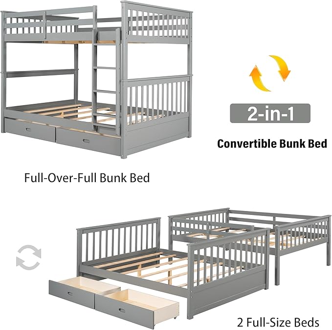 Merax Wood Bunk Bed with Drawers,Convertible Wood Bunk Bed with Ladders and Two Storage Drawers,Solid Wood Detachable Bed Frame with Ladders,Full Over Full,Grey
