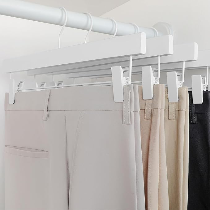 TOPIA HANGER Lotus Wood Pants Hangers, Skirt Short Bridal Trousers Slacks Hangers with 2 Premium Adjustable White Metal Clips with Rubber Stopper Padded 360° Swivel White Hook 20 Pack, CT55W20