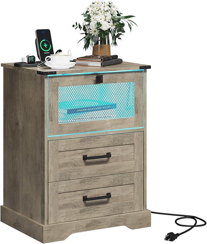 Hasuit Farmhouse Night Stand with LED Lights and Charging Station, Rustic Oak Nightstand with 2 Drawers, and Cubby with Wire Mesh Door, Bedside End Table for Bedroom