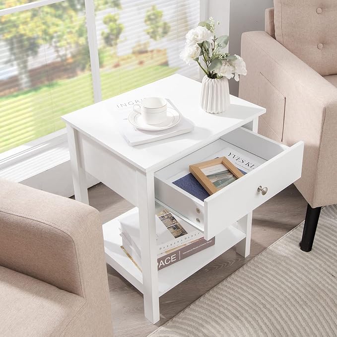 Giantex Nightstand, Wood End Table with Drawer and Open Shelf, Night Stand for Small Spaces, 2-Tier Bedside Table for Living Room Bedroom Dorm, Easy Assembly, White