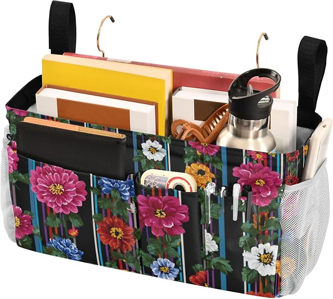 Bedside Caddy Hanging Bunk Bed Caddy Bed Organizer Hanging Pocket with 2 Hooks Bedside Storage Organizer Pocket Bag Holder Mexican Flowers Stripe