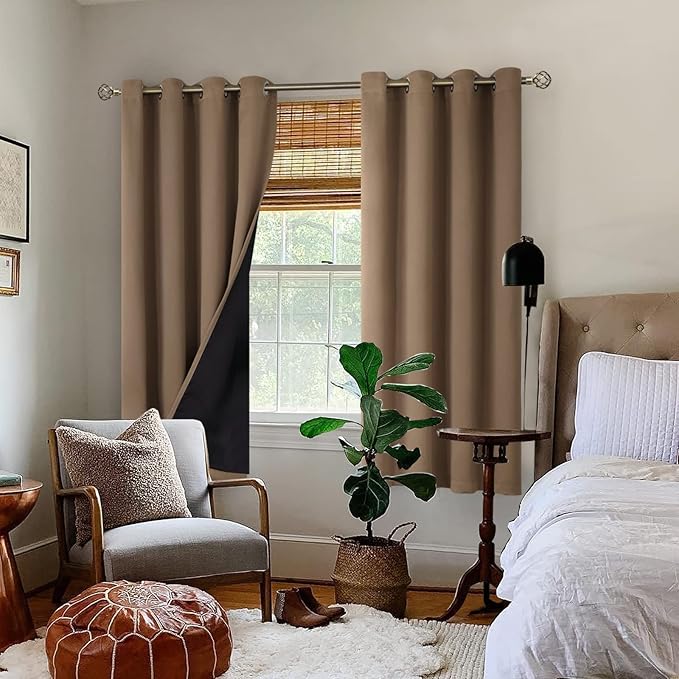 BGment Total Thermal Insulated 100% Blackout Curtains for Bedroom with Black Liner, Double Layer Full Room Darkening Noise Reducing Grommet Curtain (52 x 63 Inch, Taupe, 2 Panels)