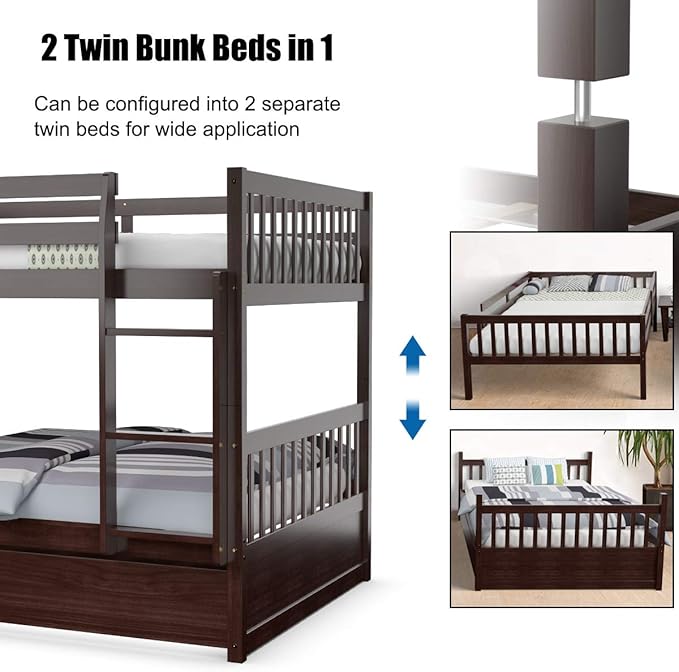 KOMFOTT Wood Full Over Full Bunk Bed with Trundle, Full Bed Frame with Ladder, Solid Wood Frame & Safety Guardrails, Space-Saving Bunk Bed for Teens & Adults, No Box Spring Needed