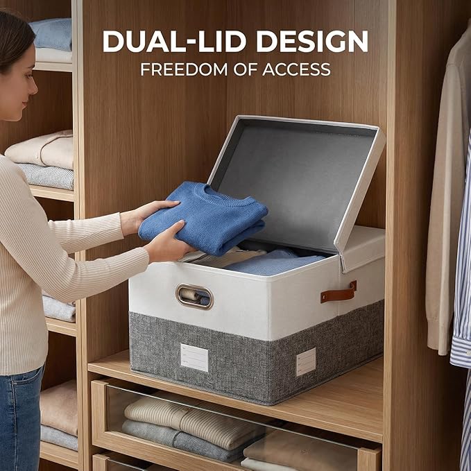 PRANDOM Storage Bins with Lids [3-Pack] Linen Fabric Foldable Storage Boxes Organizer Containers Baskets Cube with Cover Grey&White (23.4X15.9X11.4)