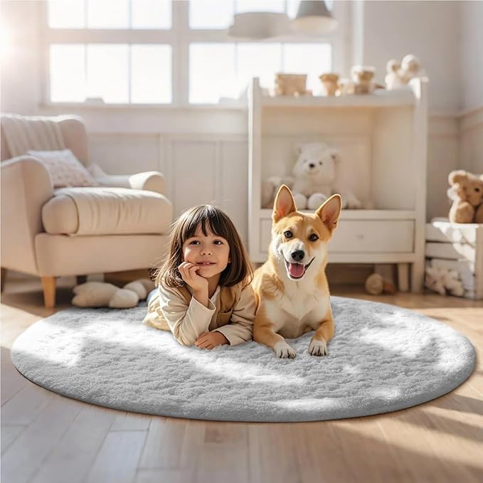 Ophanie Round Rug 6Ft White Circle Area Rug, Aesthetic Room Decor, Fluffy Fuzzy Bedroom Carpet, Plush Soft Shaggy Living Room Rugs for Kids Home Decor, Nursery