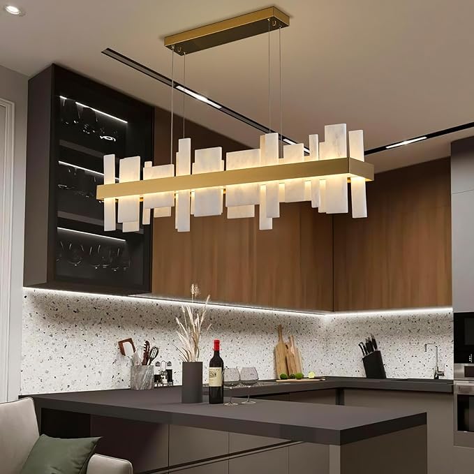 Alabaster Rectangle Chandelier, Natural Spanish Stone Texture Chandeliers, 46.8" Adjustable Alabaster Chandelier Over Table for Dining Room, Bedroom, Island– Modern Luxury Ceiling Lighting