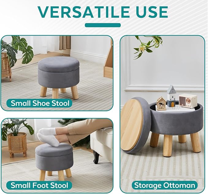 FIMIVIBI Small Foot Stool Ottoman with Storage, Velvet Ottoman Foot Rest for Couch, Round Footstool with Storage, Small Ottomans and Footstools for Living Room and Entryway (Gray)