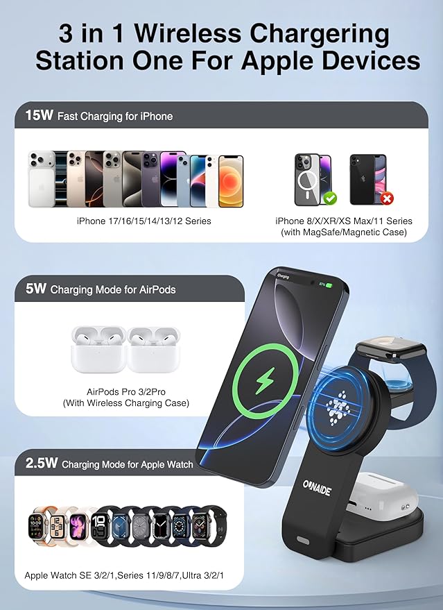 3-in-1 Charging Station for Apple MagSafe Charger, Foldable Wireless Charging Station Magnetic Charger Stand for iPhone 17 Air/16/15/14/13/12 Series/Apple Watch10-2/Airpods (Black)