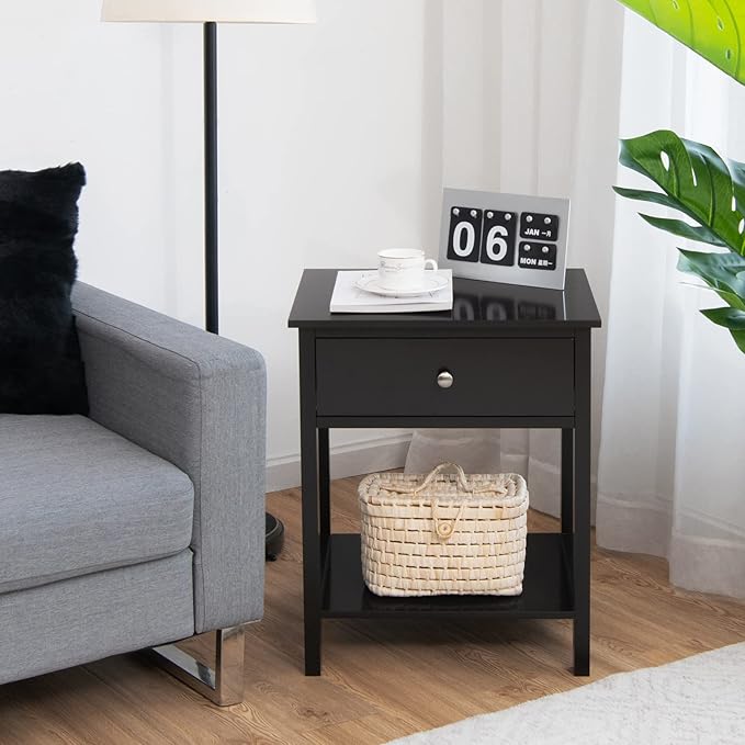 Giantex Nightstand Set of 2, Wood End Table with Drawer and Open Shelf, Night Stand for Small Spaces, 2-Tier Bedside Table for Living Room Bedroom Dorm, Easy Assembly, Black