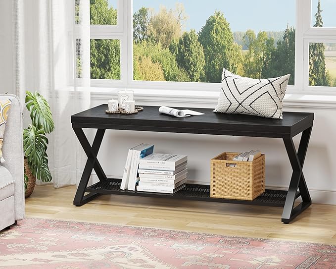 LVB Black Bench, Industrial Entryway Bench with Storage, Indoor Wood and Metal Storage Bench for Living Room Bedroom, Accent Shoe Rack Seating Bench for Hallway Foyer Entrance, Black Oak, 47 inch
