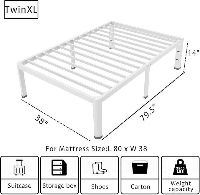 ROIL 14 Inch White Twin XL Bed Frame with Rounded Corner and Headboard Hole Mattress Retainers, 3500LBS Heavy Duty Steel Slats No Box Spring Needed Platform Noise-Free Easy Assembly
