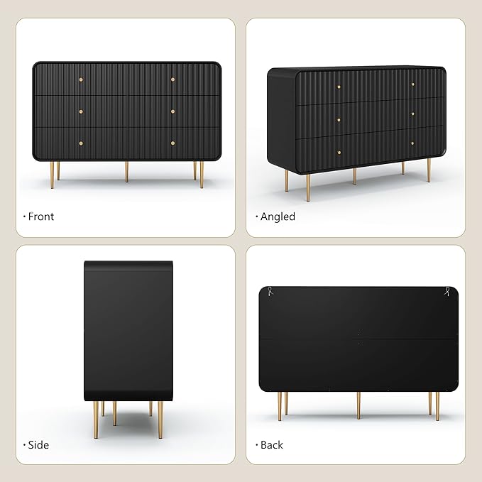 HLR Fluted 6 Drawers Dresser, 48'' Wide Modern Chest of Drawers with Gold Metal Handles,Dresser TV Stand for 2 Piece, Wood Dressers & Chest of Drawers for Bedroom, Living Room, Hallway (Black)