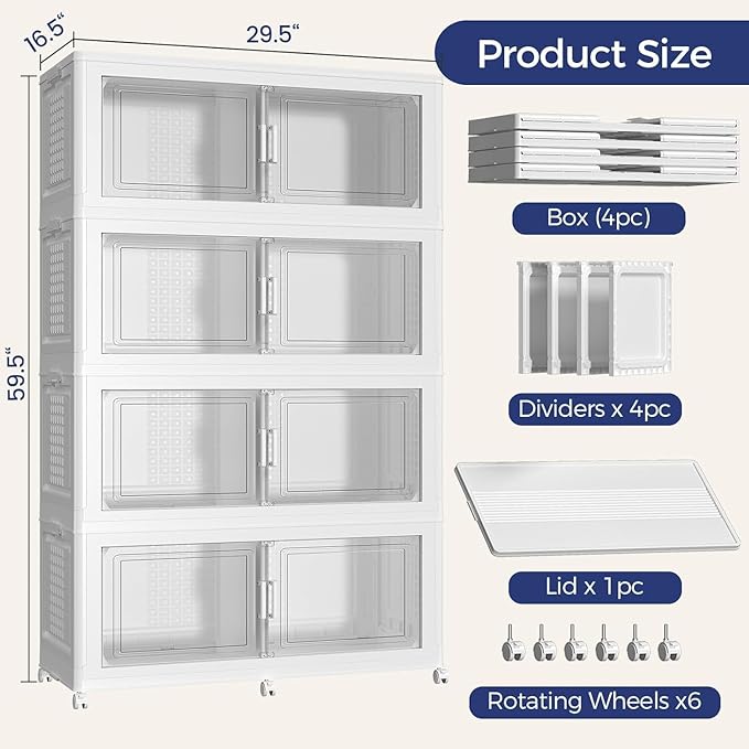 640 QT Extra Large Stackable Storage Bins with Lid, 160 Gal Collapsible Storage Box with Wheels, Folding Closet Organizers and Storage Cabinet with Doors for Home, Kitchen, Office, 4Pack White