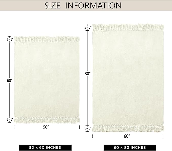 Chenille Throw Blanket for Couch 50"X 60", Soft Cozy Throws with Fringe Tassel for Bed Sofa Chair Cover, Lightweight Knitted Decorative Boho Blankets for Living Room, Ivory White