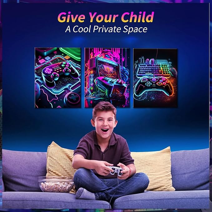 BGFCE Game Room Decor Set of 3 - Neon Gaming Accessories Theme Canvas Wall Art, Gamer Console Paintings Posters Picture Wall Decor for Children Youth Boys Bedroom 16x24in Framed