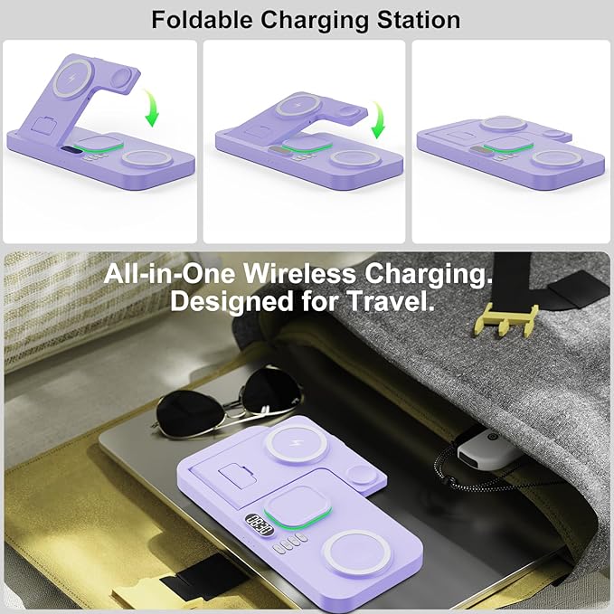 Dual Phone Magnetic Wireless Charging Station for Apple Devices/Apple Ecosystem,with Auto-Switch 7-Color Light & Clock, Compatible with iPhone 17/16/15, for iWatch 11/10/9 & AirPods Pro3（Puple
