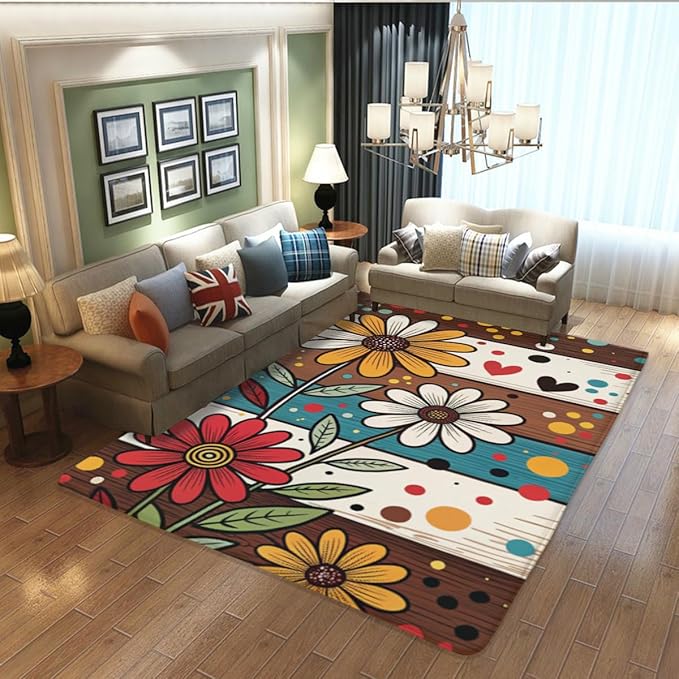 Machine Washable 2' x 3' Bohemian-Style Area Rug, Flowers Floor mat, Suitable for bedrooms, Girls' Room Bedside, Living Room, Dining Room, Office, Non-Slip Low-Pile Retro, Fashionable Carpet