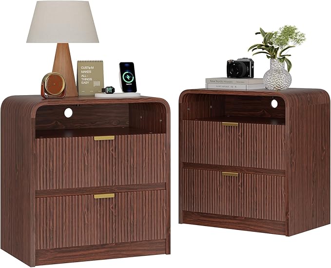FURSUN 24" Fluted Nightstand Set of 2 with Charging Station, Wooden End Table with 2 Drawers Storage, Curved Profile Design, Modern Bedside Cabinet for Bedroom, Walnut