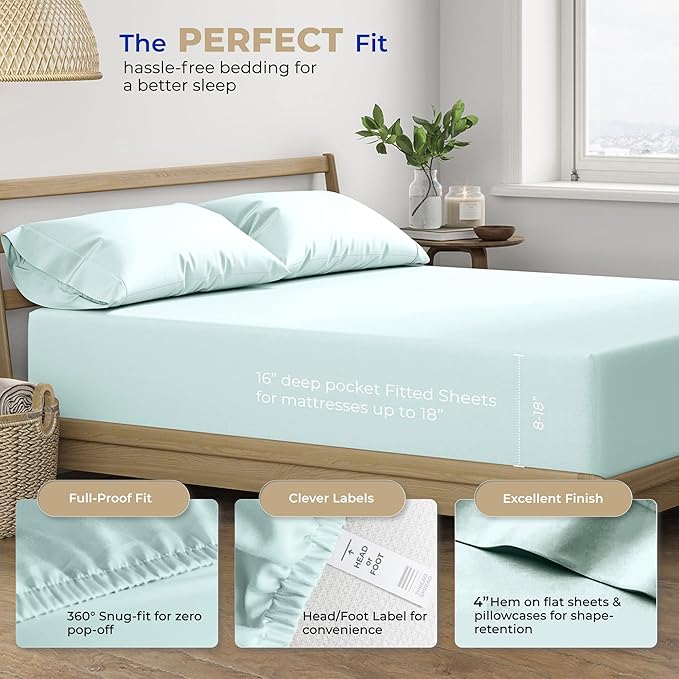 THREAD SPREAD 100% Cotton Queen Sheets Set - 400 Thread Count Queen Size Sheets (4 PC, Sea Foam), 16" Deep Pocket All Around Elastic, Soft, Cooling, Durable & Breathable Sateen Weave Bed Sheet Set